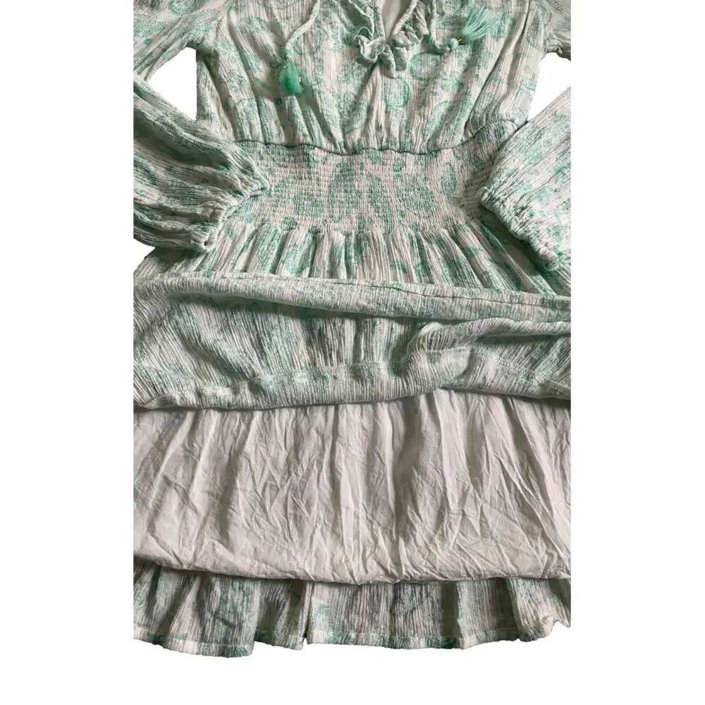 House of Harlow 1960 Paisley Long Sleeve Ruffle Smocked Mini Dress Mint Green S - Picture 6 of 9